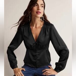 Boden V-Neck Tea Blouse silky satin top Black preppy equestrian timeless size 2